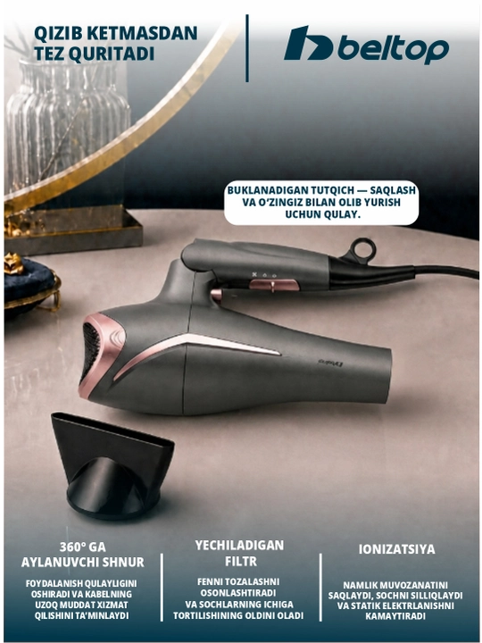 Diffuzorli professional BELTOP soch quritish va soch turmagi uchun fen