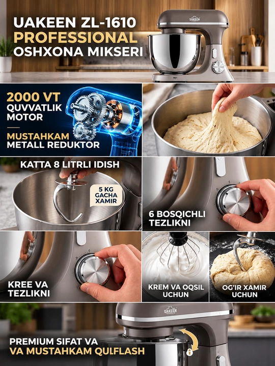 Uakeen ZL-1610 stend mikseri, 2000 Vt, 8 litrli katta idish, 6 bosqichli tezlik