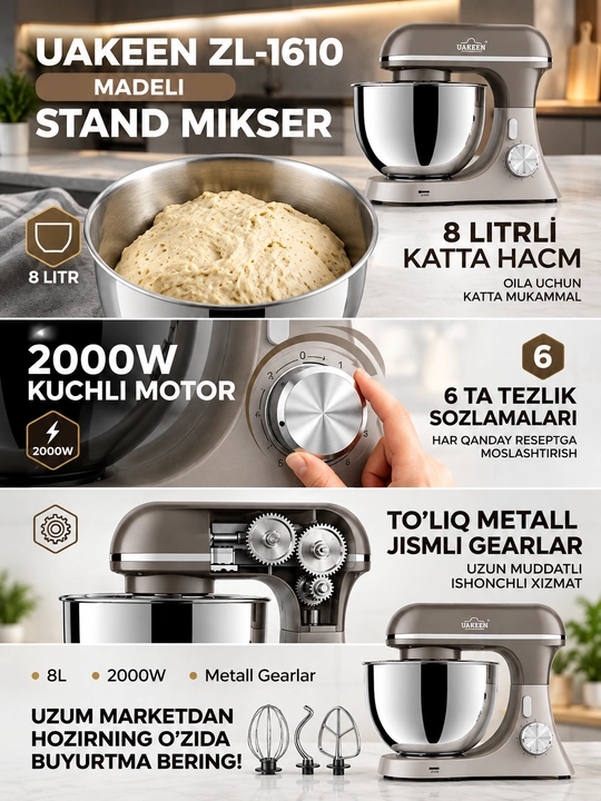 Uakeen ZL-1610 stend mikseri, 2000 Vt, 8 litrli katta idish, 6 bosqichli tezlik