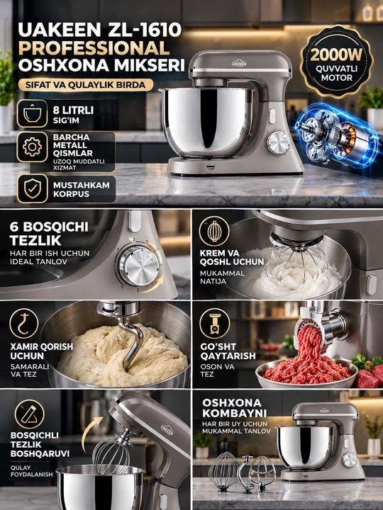 Uakeen ZL-1610 stend mikseri, 2000 Vt, 8 litrli katta idish, 6 bosqichli tezlik