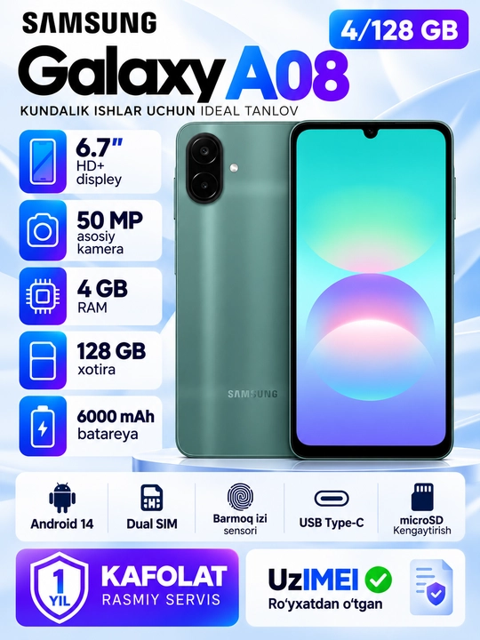 Samsung Galaxy A08 4/128 ГБ смартфон, экран 6,7", камера 50 Мп, аккумулятор 6000 мАч, 4G - 