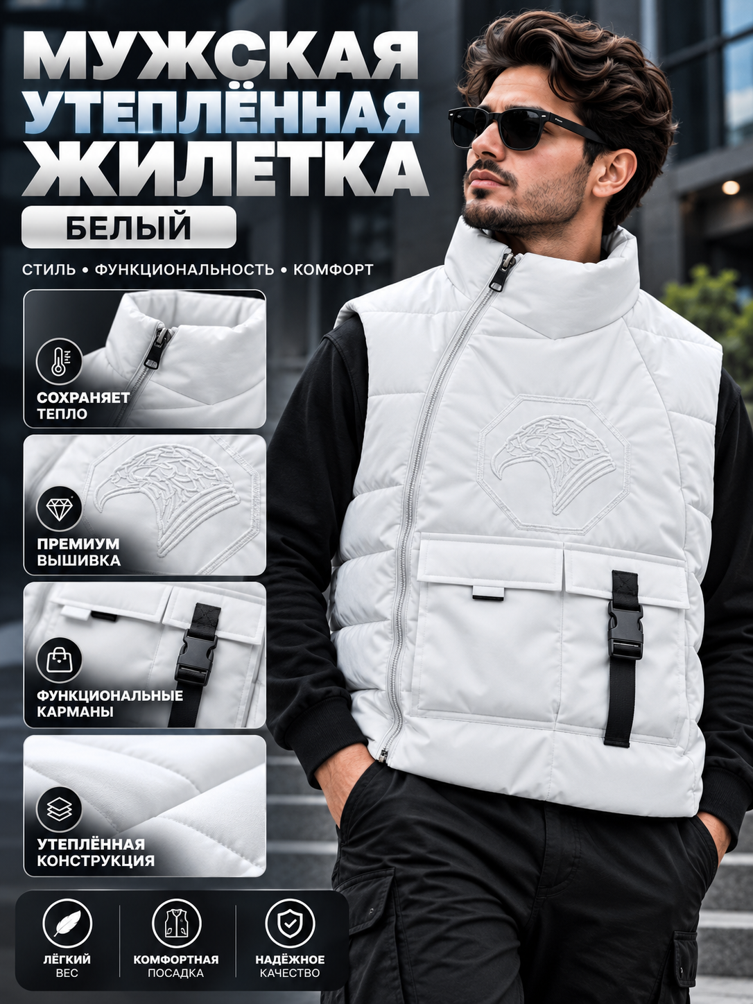 Erkaklar uchun bezrukavka, nimcha-kenguru, issiq jilet, ko‘p cho‘ntakli, funksional - 