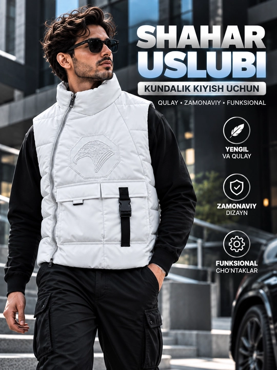 Erkaklar uchun bezrukavka, nimcha-kenguru, issiq jilet, ko‘p cho‘ntakli, funksional