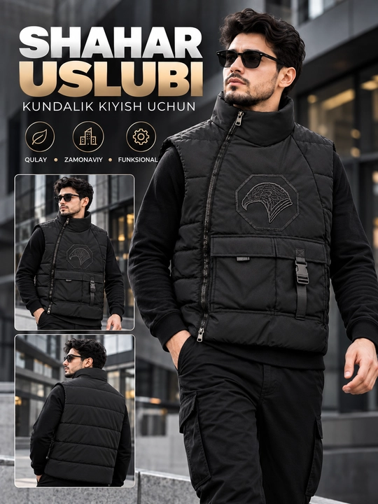 Erkaklar uchun bezrukavka, nimcha-kenguru, issiq jilet, ko‘p cho‘ntakli, funksional