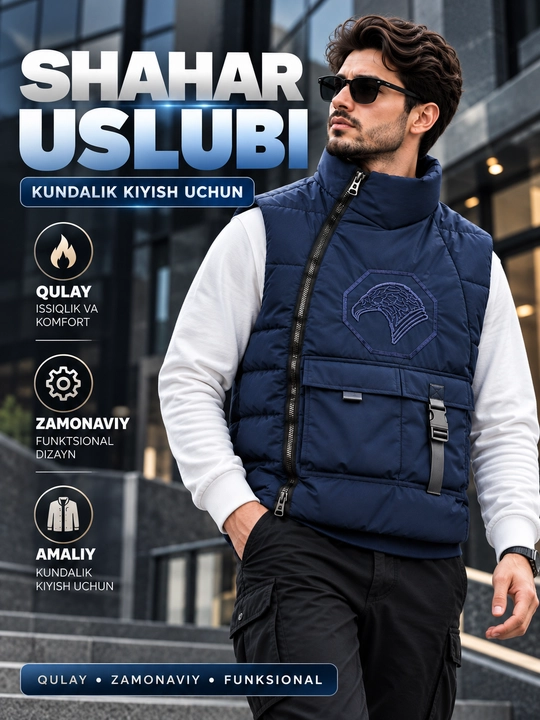 Erkaklar uchun bezrukavka, nimcha-kenguru, issiq jilet, ko‘p cho‘ntakli, funksional