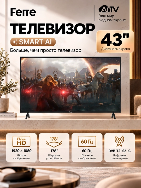 Смарт телевизор FERRE 43" с AI функциями, FHD, LED с поддержкой цифрового ТВ, HDMI и USB - 