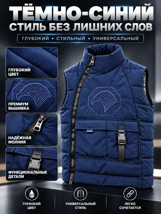 Erkaklar uchun bezrukavka, nimcha-kenguru, issiq jilet, ko‘p cho‘ntakli, funksional