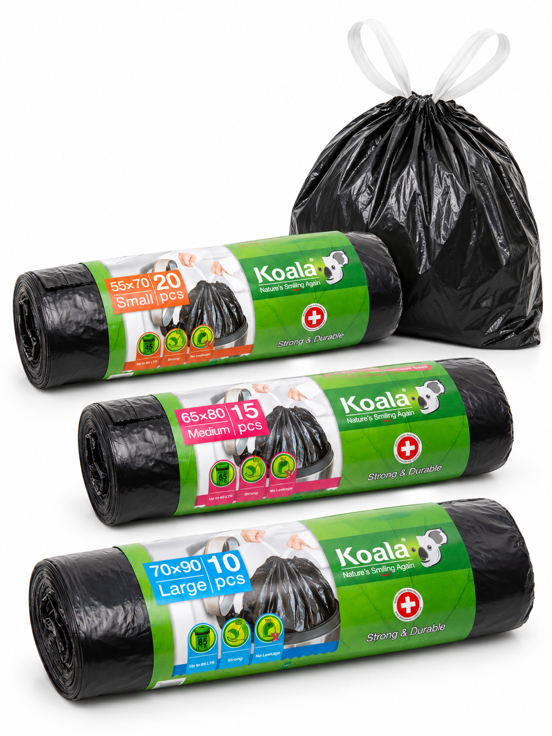Koala bog‘ichli qora axlat paketlari, rulonda, turli o‘lchamlar, 10–40 dona