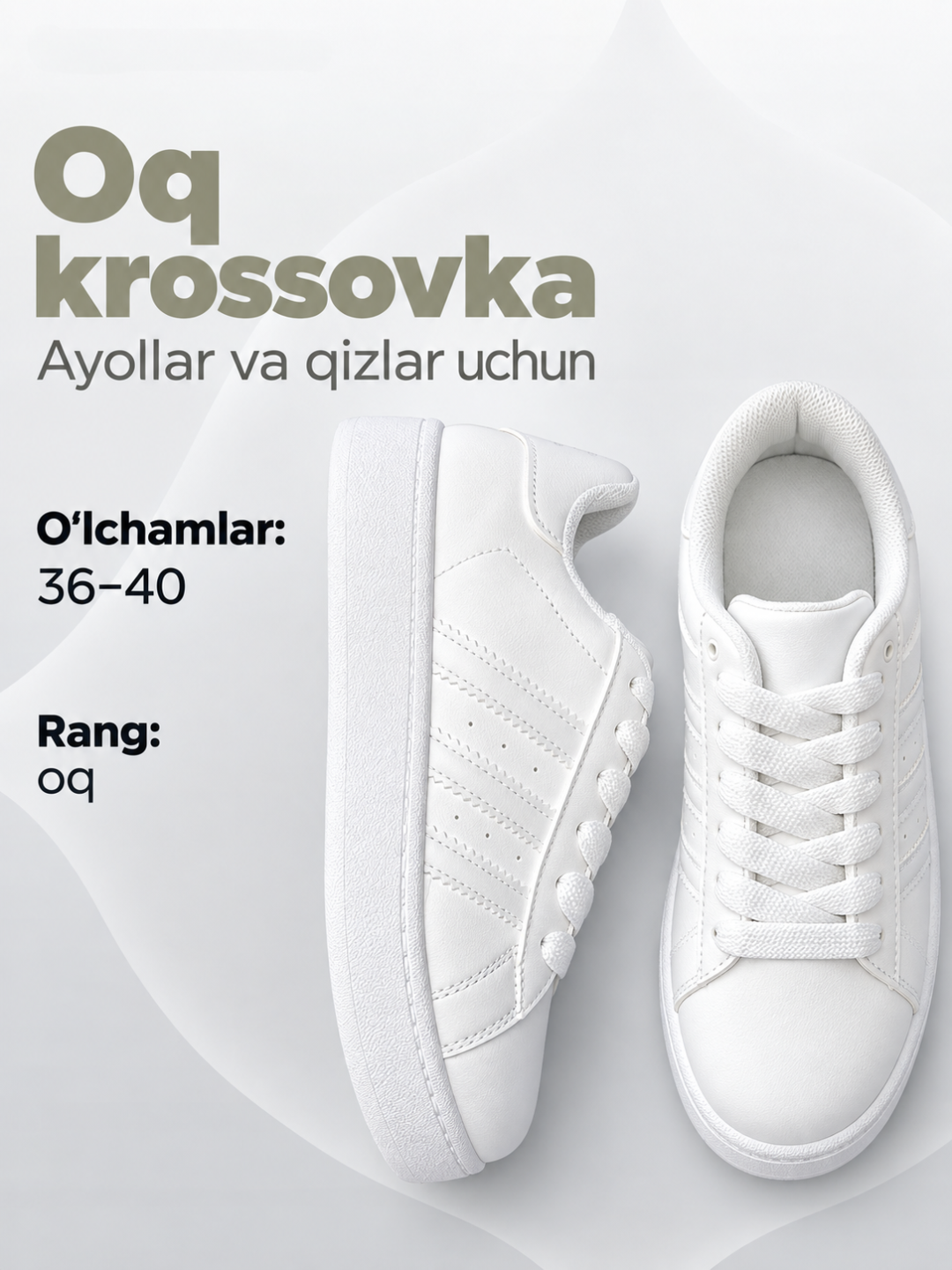 Ayollar va qizlar uchun oq krossovka, bog‘ichli, qalin taglikli, 36–40 - 