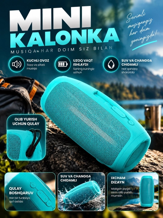 Mini simsiz kolonka Bluetooth, kuchli ovoz, portativ dinamik - 