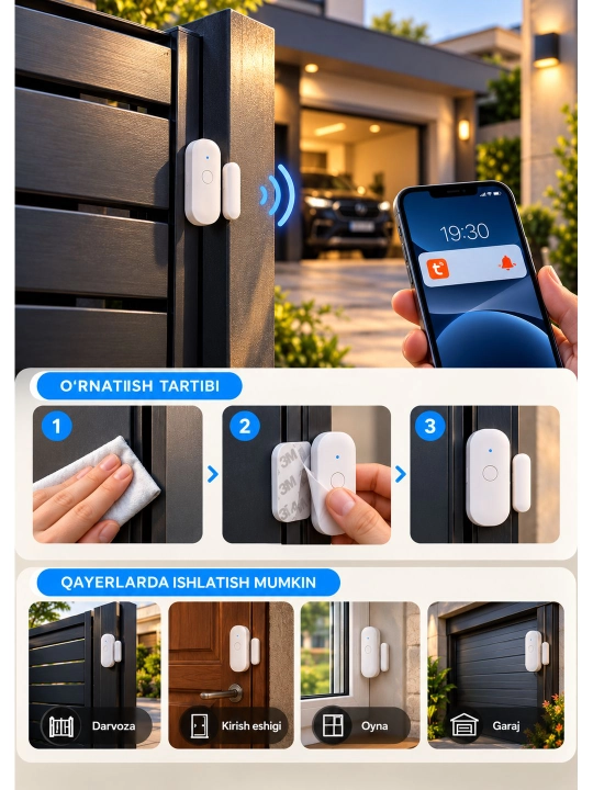 Wi-Fi aqlli eshik va deraza sensori, Tuya Smart ochilish datchigi