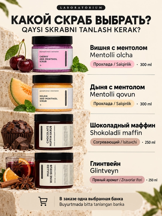 Сахарный скраб для тела Laboratorium: вишня, дыня, глинтвейн или шоколадный маффин