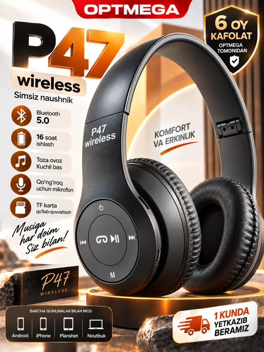 Simsiz quloqchinlar P47, Bluetooth 5.0, yig'iluvchan, mikrofon bilan, shovqinsiz - 