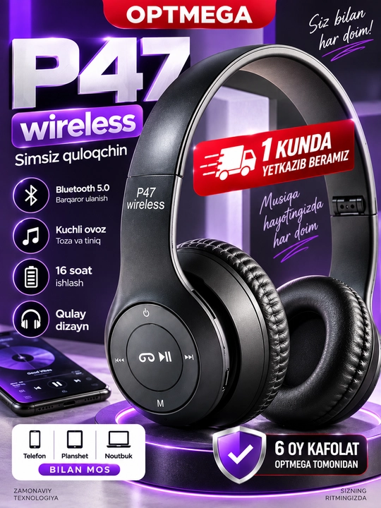 Simsiz quloqchinlar P47, Bluetooth 5.0, yig'iluvchan, mikrofon bilan, shovqinsiz - 