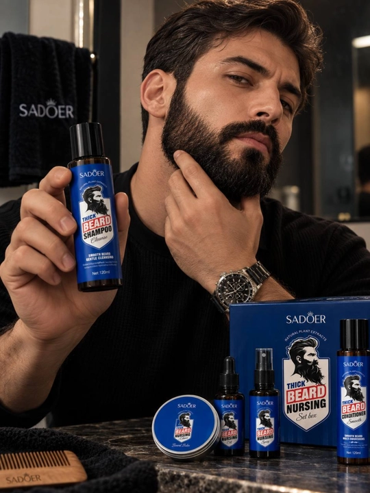 Набор для ухода за бородой SADOER Thick Beard, шампунь, бальзам и масло - 