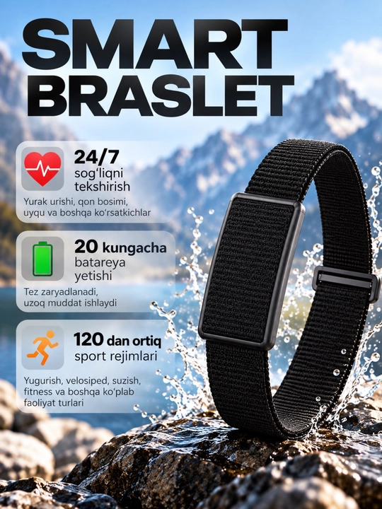Aqlli braslet, 24/7 sog‘liq nazorati, 20 kungacha batareya, 120+ sport rejimi - 