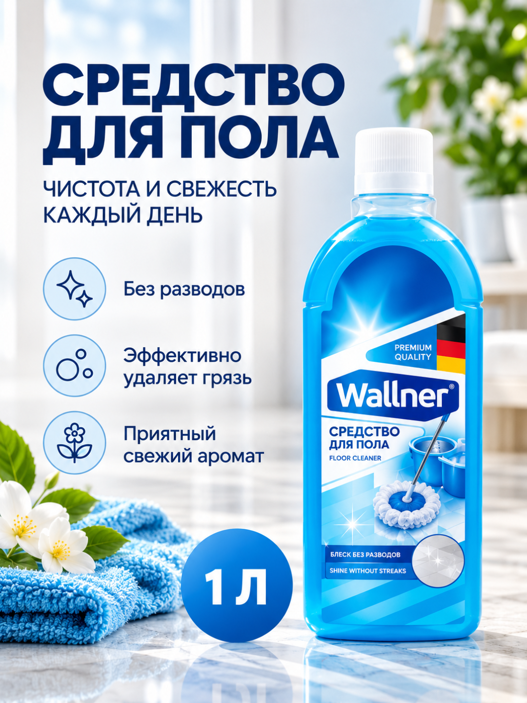 Wallner pol yuvish vositasi, 1000 ml, izsiz porlash, yangi hid bilan - 