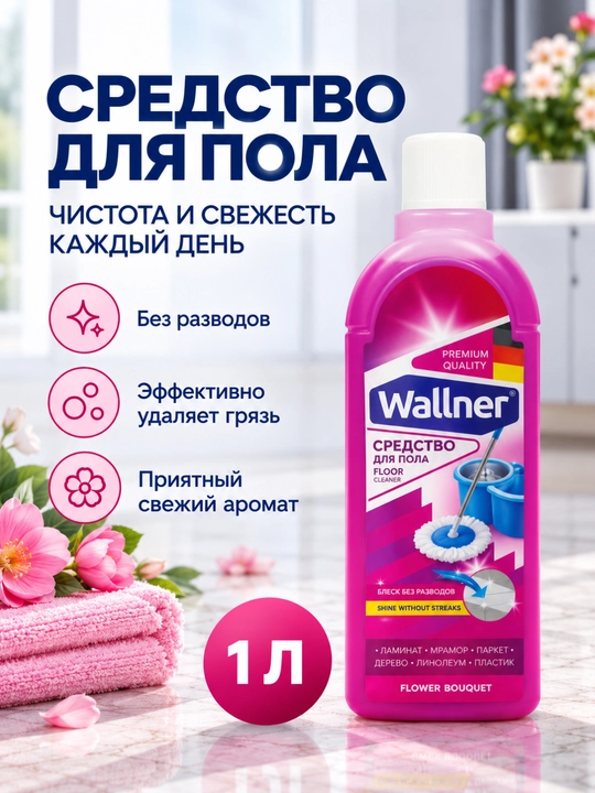 Wallner pol yuvish vositasi, 1000 ml, izsiz porlash, gul ifori bilan - 
