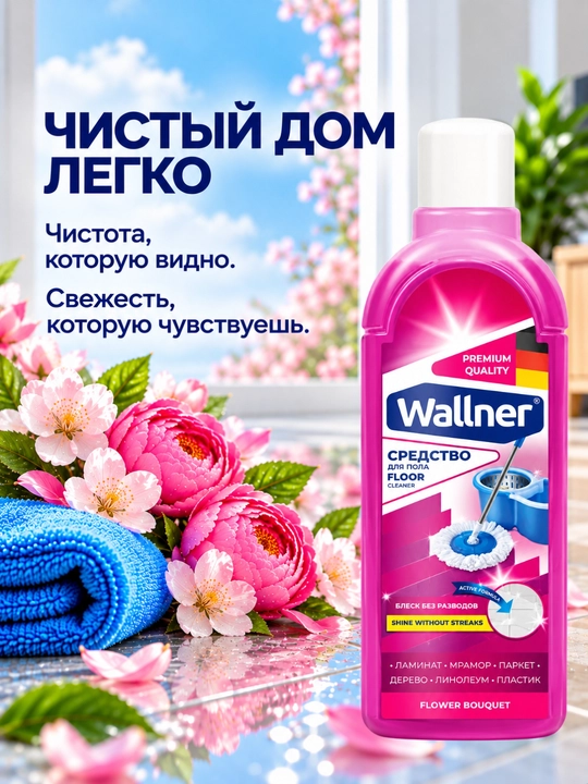 Средство для мытья пола Wallner, 1000 мл, блеск без разводов, цветочный аромат