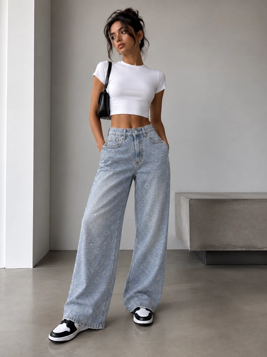 Ayollar uchun naqshli jinsi shim, yuqori belli keng kesim wide leg denim shim