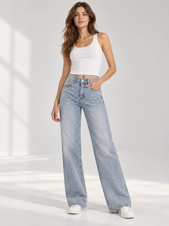 Ayollar uchun naqshli jinsi shim, yuqori belli keng kesim wide leg denim shim
