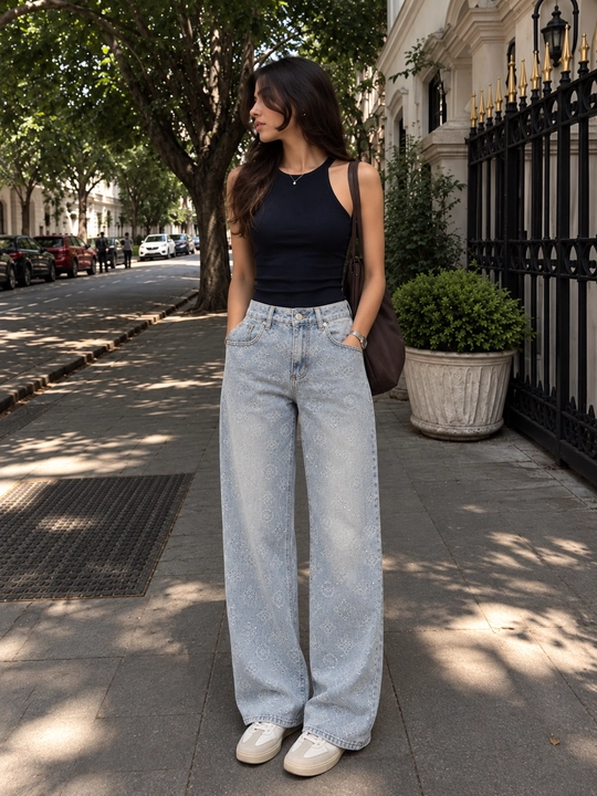 Женские джинсы с узором, высокая посадка, широкие wide leg джинсы - 