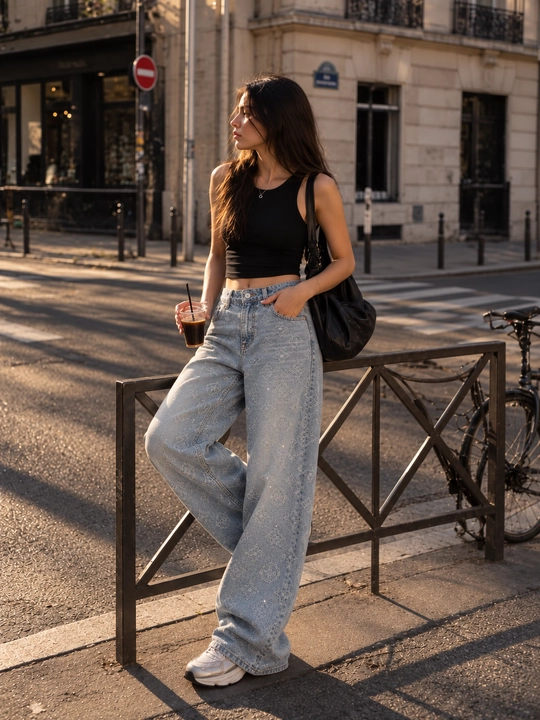 Ayollar uchun naqshli jinsi shim, yuqori belli keng kesim wide leg denim shim