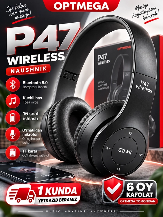 Simsiz quloqchinlar P47, Bluetooth 5.0, yig'iluvchan, mikrofon bilan, shovqinsiz - 