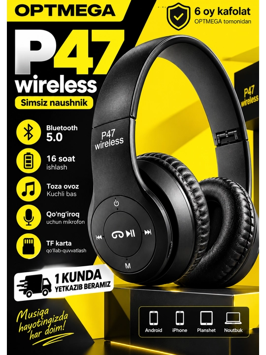 Simsiz quloqchinlar P47, Bluetooth 5.0, yig'iluvchan, mikrofon bilan, shovqinsiz