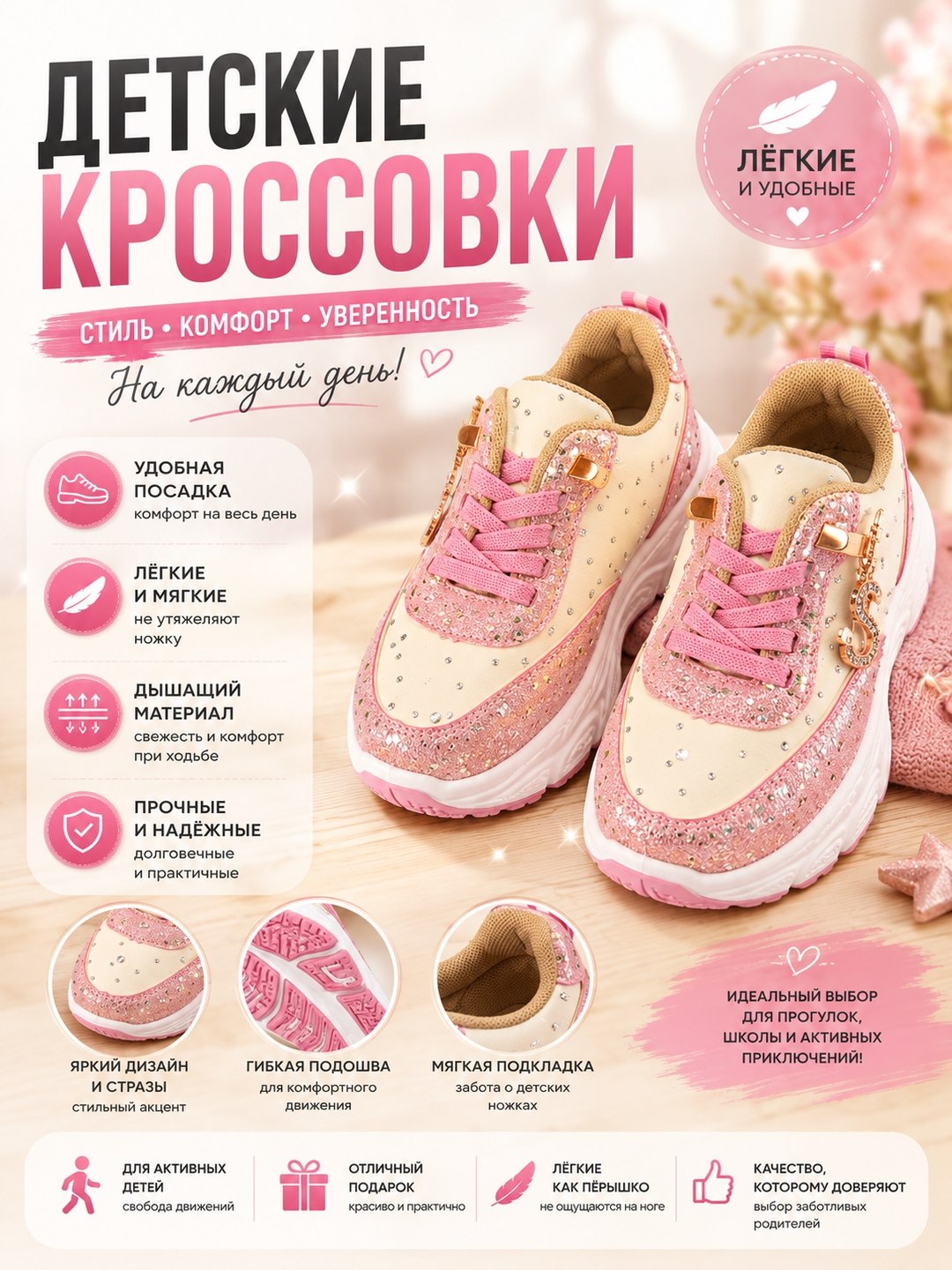 Детские кроссовки для девочек, розовые с декоративными стразами и блестящими элементами - 