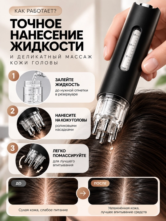 Аппликатор для кожи головы 15 мл с роликами, массажёр для нанесения сыворотки - 