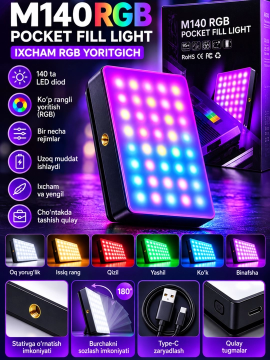 Telefon uchun yorug‘lik diodli yoritgich foto va video suratga olish uchun RGB magnitli portativ lampalar