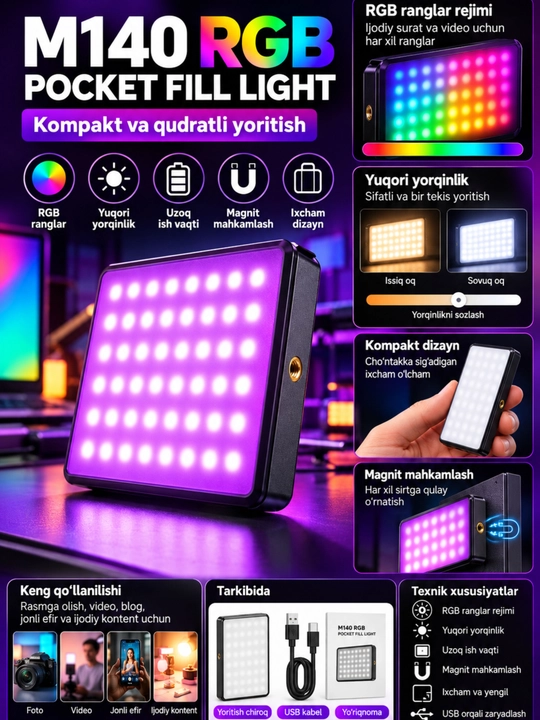 Telefon uchun yorug‘lik diodli yoritgich foto va video suratga olish uchun RGB magnitli portativ lampalar