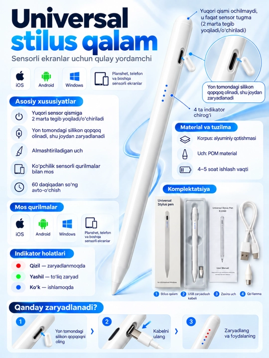 Universal stilus qalam telefon va planshet uchun, sensorli ekran, 3 xil variant