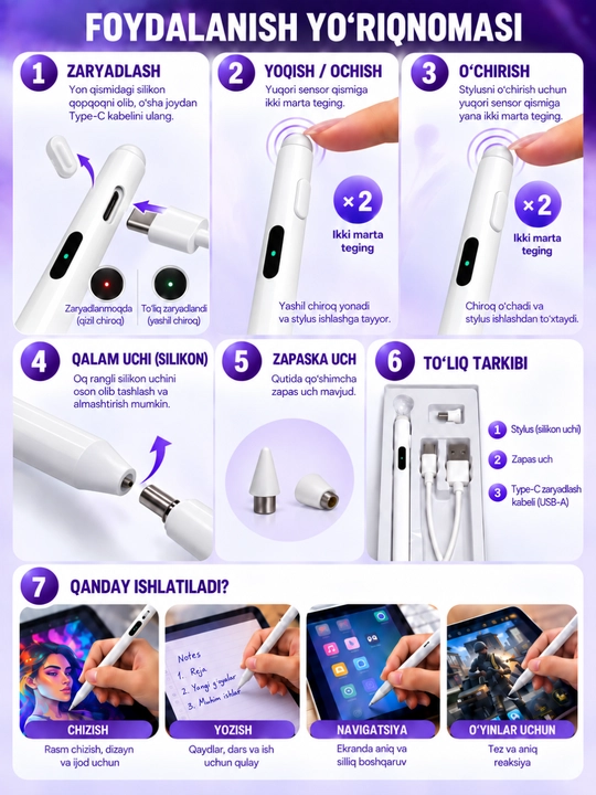 Universal stilus qalam telefon va planshet uchun, sensorli ekran, 3 xil variant