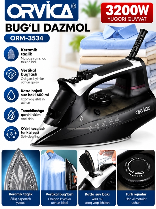 ORVICA bug‘ dazmoli - kuchli bug‘, keramik taglik, vertikal bug‘lash - 