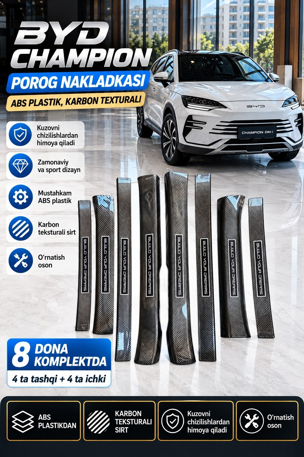 BYD Champion DM-i uchun porog nakladkalari, 8 dona, ABS plastik, karbon teksturali - 