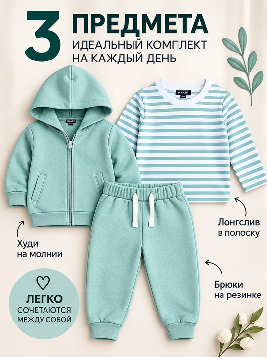 Детский костюм тройка : худи на молнии, лонгслив и брюки, спортивный комплект