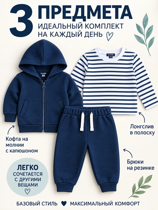 Детский костюм тройка : худи на молнии, лонгслив и брюки, спортивный комплект