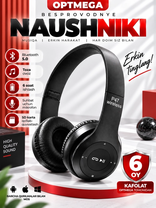 Simsiz quloqchinlar P47, Bluetooth 5.0, yig'iluvchan, mikrofon bilan, shovqinsiz - 