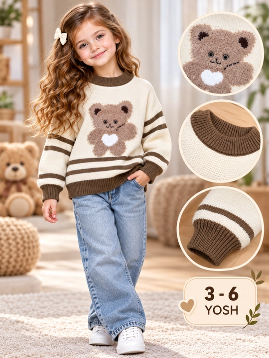 Свитер для девочки вязаный с мишкой, 3–6 лет
