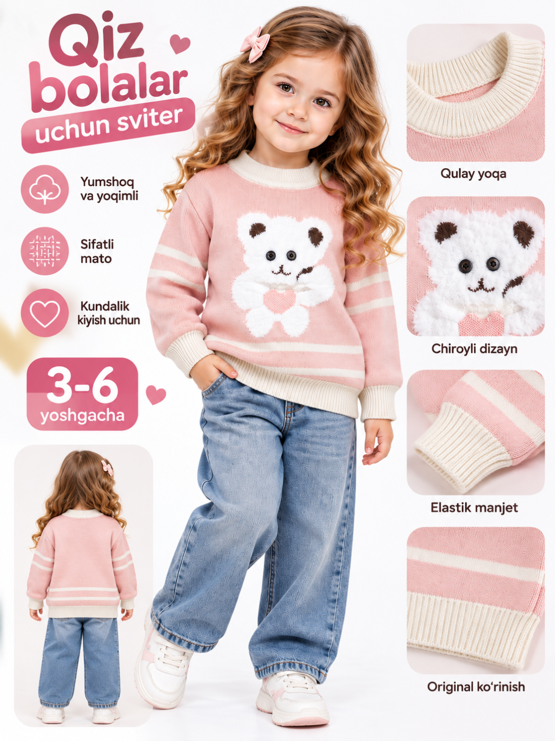 3-6 yoshli qizlar uchun ayiqcha bilan to‘qilgan sviter - 