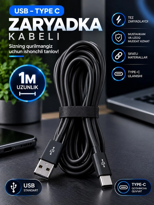 Зарядный кабель USB Type-C, 1 метр, чёрный - 