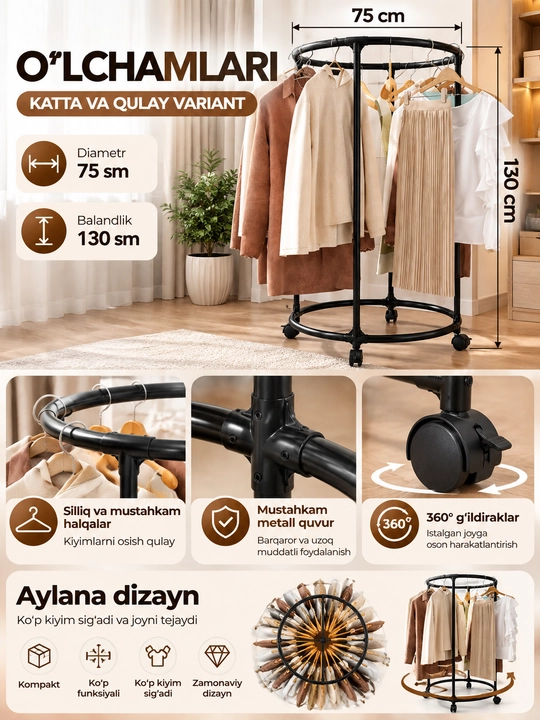 Kiyim ilgichi, aylana g‘ildirakli oltin rang, 75×130 sm
