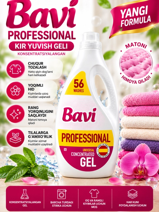 Kir yuvish geli, Bavi Professional, konsentrat, kiyim yuvish vositasi, matoni himoya - 