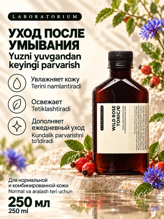 Oddiy va aralash teri uchun Laboratorium Wild Rose yuz tonigi, 250 ml
