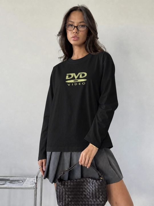 LMBYT qora oversayz longslivi, DVD Video retro printi bilan