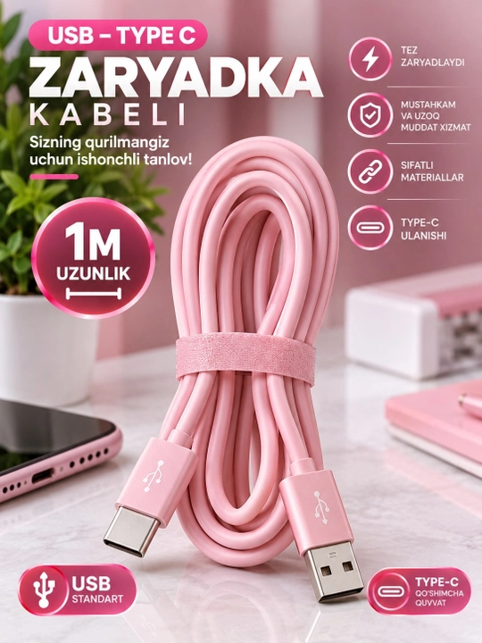 Зарядный кабель USB Type-C, 1 метр, розовый - 