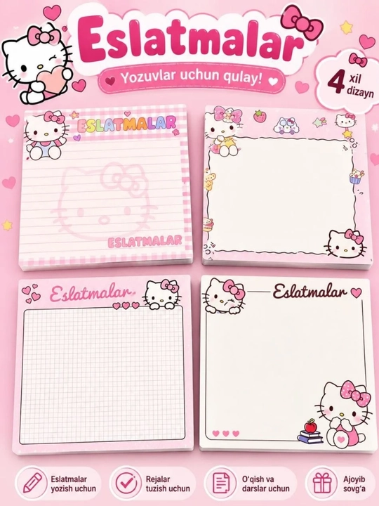 Hello Kitty qaydlari va stikerlari, o‘qish va rejalar uchun kanselyariya daftari