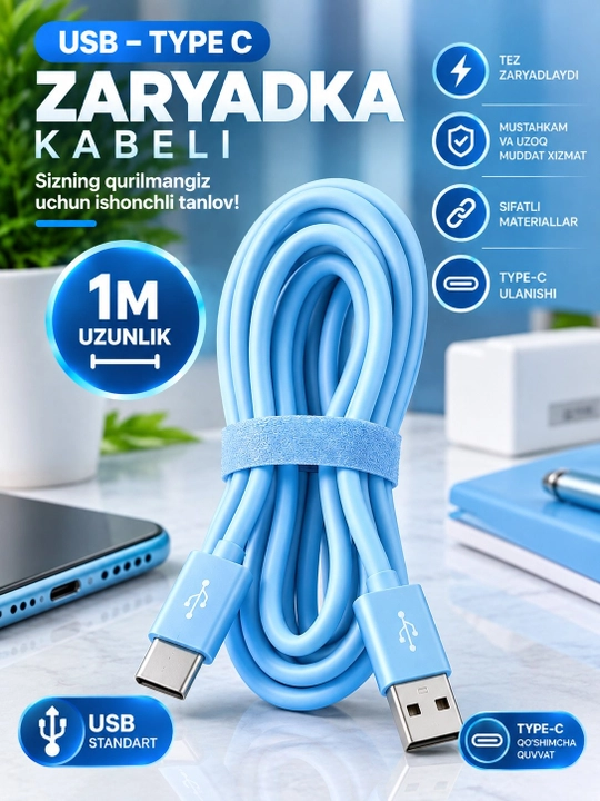 Зарядный кабель USB Type-C, 1 метр, светло-голубой - 